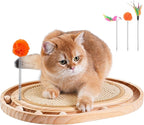 Cat Scratch Pad with Ball Track and Spring Toy, Wooden Cat Scratcher with Sisal Scratching Mat, Ball Track System and 3 Replacement Toy for Cats Scratching,Chasing and Playing (Nature Wood)