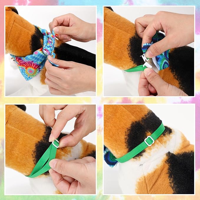 Hosuly 50 Pcs Tie Dye Style Dog Bandana Collar Set Include 10 Bow Tie 10 Necktie Collar 10 Pet Scarf 10 Bow Flowers 10 Hexagonal Bowtie Cat Dog Grooming Accessories for Festival Photography