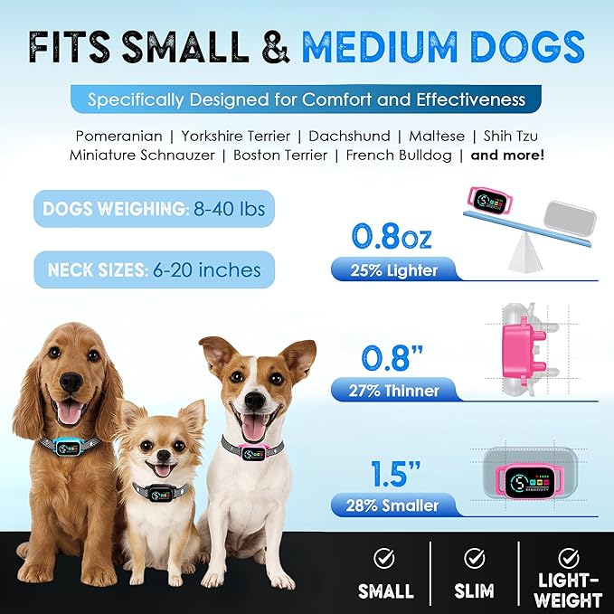 Bark Collar for Small Dogs 8-40 lbs – No Shock Anti Barking Collar with AI Chip – 3 Modes & 5 Sensitivity Levels – Waterproof, Rechargeable, Magnetic Charging – Humane, Effective Training (Pink)