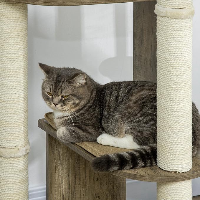 PawHut 65" Corner Modern Cat Tree Tall for Climbing, Large Multilevel Cat Tower with Scratching Posts, Small-Fit Kitten Tower with Sisal, Cream White