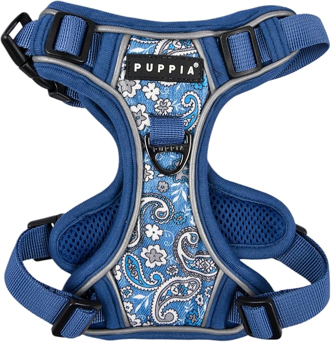 Puppia Cynthia Dog Harness H Sturdy Adjustable Neck and Chest Reflective Flower Pattern Front and Back D-Ring for Small and Medium Dogs, Blue, X-Large