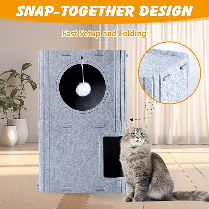 Cat House for Indoor Cats, 2-Storey Cozy Felt Cats Hideaway for Multiple Cats, 23.6x15x11 inches, Gray