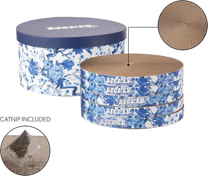 CSR1012B Kate 12" Modern Patterned Cardboard Reversible Cat Scratcher Pad in Box with Catnip, Blue/White (5-Pack)