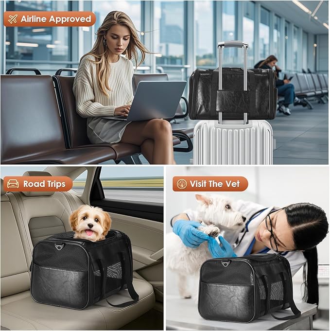 Fashion Dog Carrier Pet Carrier Airline Approved Cat Carrier for Small Dogs Cats Under 15 Lbs, Vegan Leather Collapsible Soft Sided Travel Puppy Carrier