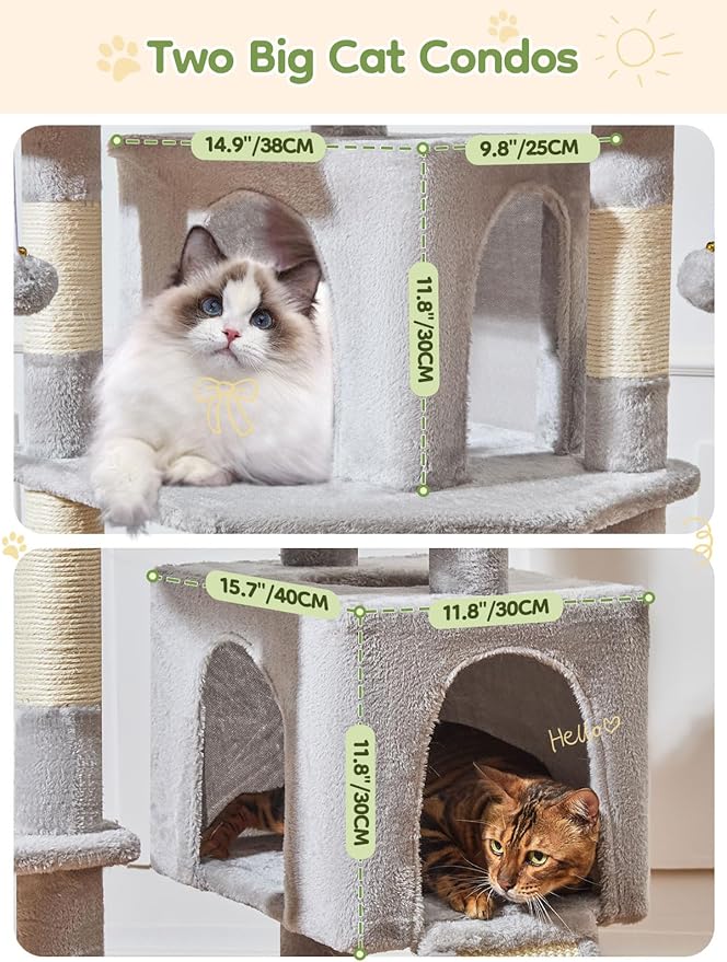 Taoqimiao 76-Inch Cat Tree XXL for Large Cats, Giant Cat Tower with Scratching Board, Extra-Large Metal Hammock, 3 Perches, 7 Sisal Posts, 2 Big Condos, Hanging Basket, Light Gray, MS047W