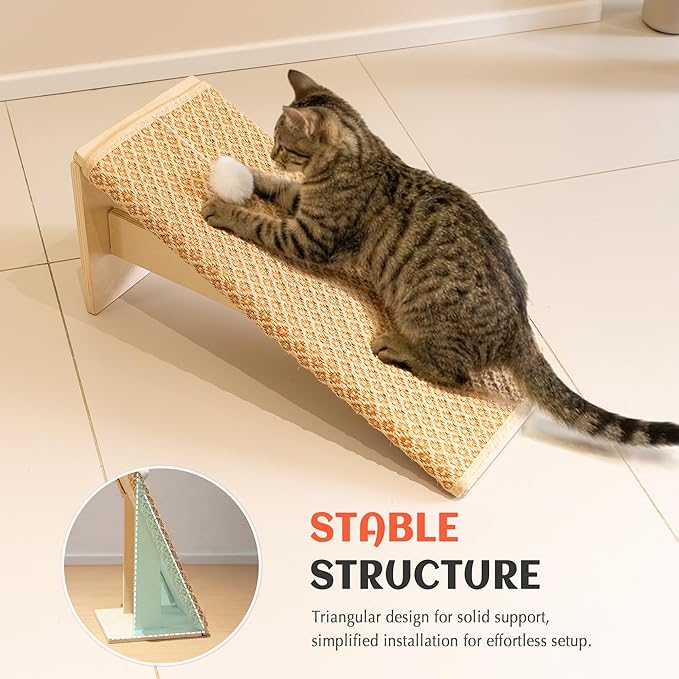 PETKARAY Inclined Cat Scratcher, Sisal Scratching Ramp for Indoor Cats, 24.8'' Cat Scratch Post for Couch, Replaceable Sisal Scratch Pad with Toy Ball, Classic
