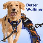 Funfox Dog Harness No Pull, Adjustable Pet Vest Harness, Super Soft Material with Vertical Handle Easy Control, Reflective Night Walking, 2 Leash Clips for Large Dogs, Camo Orange, L