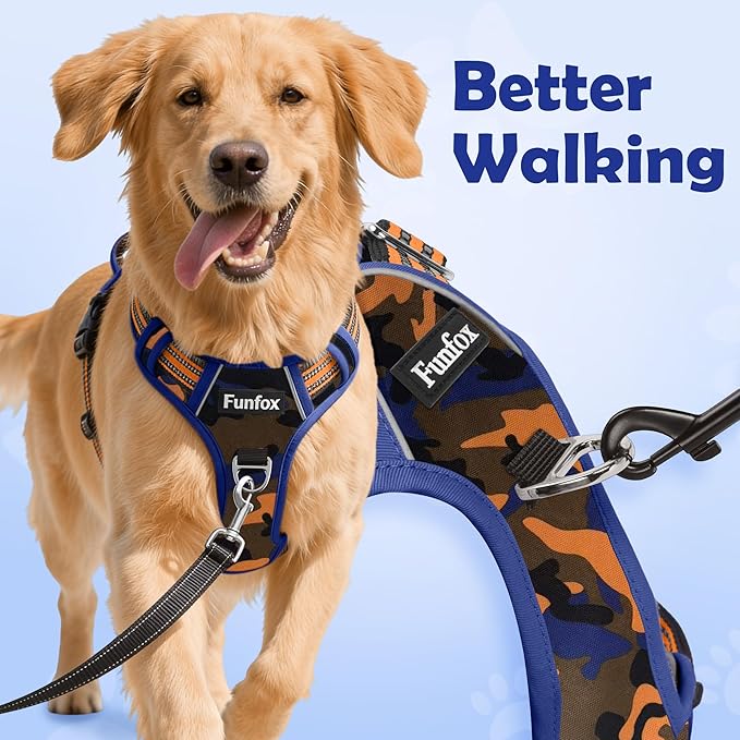 Funfox Dog Harness No Pull, Adjustable Pet Vest Harness, Super Soft Material with Vertical Handle Easy Control, Reflective Night Walking, 2 Leash Clips for Medium Sized Dogs, Camo Orange, M