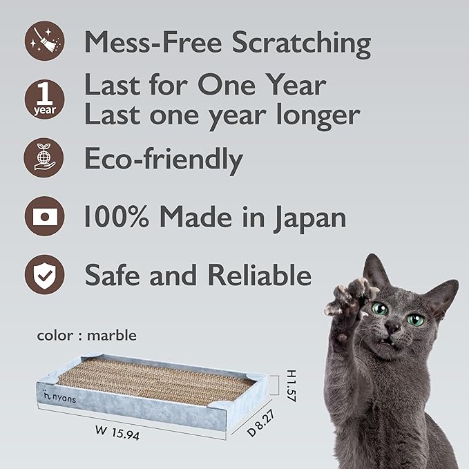 nyans Handcrafted Japanese Cardboard Cat Scratcher, Premium Low-Mess Corrugated Scratcher Box, Minimal Design for Indoor Cats, Helps Protect Furniture, 15.9 in (Box) (Marble Print)