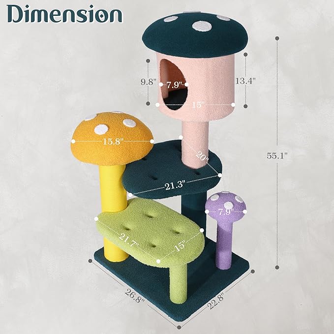 NUNU LAB Mushroom Cat Tree, Multi-Level Cat Tower, Mushroom Cat Scratching Post, Cute Cat Tower, with Cat Scratching Post, Cat Bed & Interactive Balls, for Indoor Cats (C-067, 26.8 * 22.8 * 55.1)