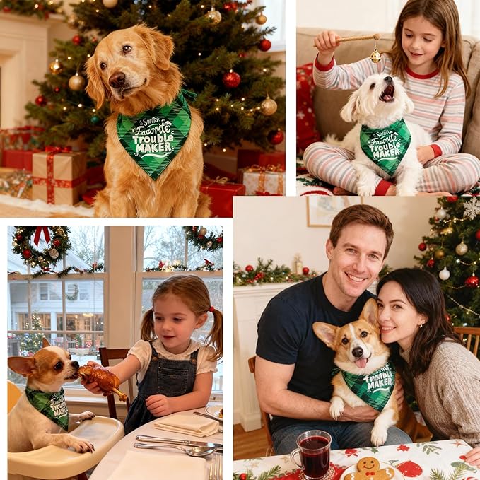 Christmas Dog Bandanas Naughty & Nice List Print - Santa's Favorite Trouble Maker - Pet Holiday Scarf Costume Gift, Green Plaid, Medium & Large Breed, 25-75lbs
