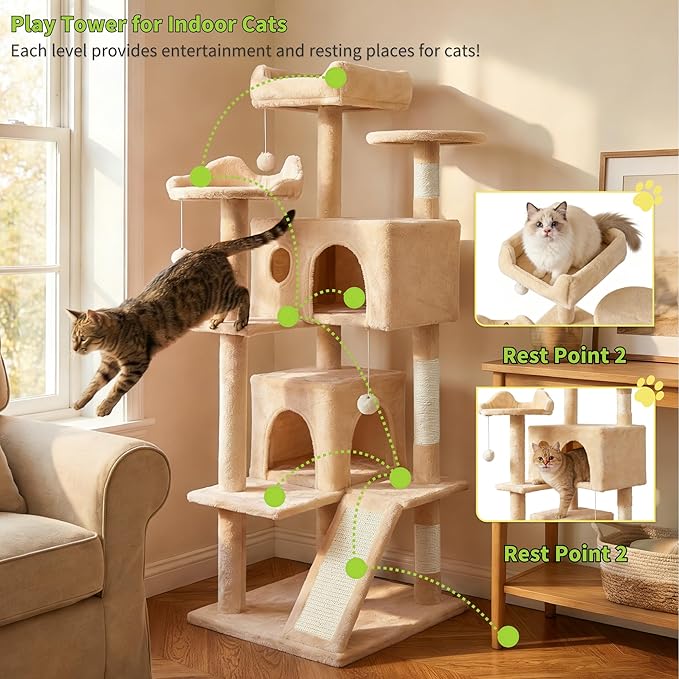 Pawly 60.63" Large Cat Tree with 2 Condos & Sisal Ramp, Premium CARB P2-Compliant Particle Board, 350G Plush Sturdy Cat Tower for Large Breeds, Senior Cats & Multi-Cat Household, Beige