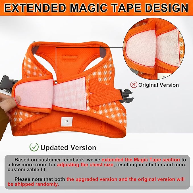 AIITLE Adjustable Dog Vest Harness Set – No-Pull Design, Plaid Print & Reflective Safety– Fits Poodles, Shih Tzus & Medium-Sized Dogs up to 38lbs (M, Orange)