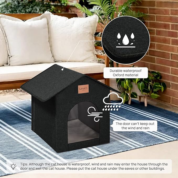 Love's cabin Outdoor Cat House Weatherproof, Insulated Feral Cat House Outdoor for Winter, Waterproof Outside House for/Indoor Cats, Shelter with Removable Soft Cushion,Black