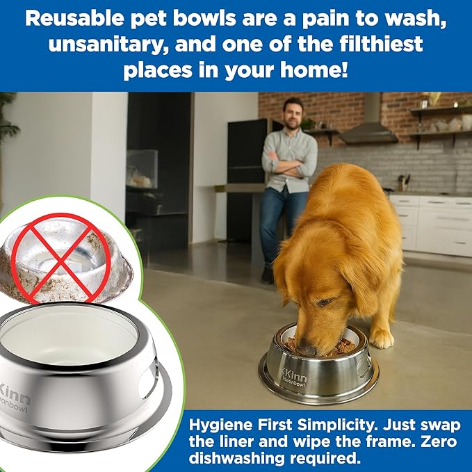 Kinn Kleanbowl Pet Bowl Stainless Steel Frame with Compostable Refills, 24 oz (Pack of 2) – Spill-Proof Stable Disposable Pet Bowls for Easy Cleaning and Healthy Pets, No Plastic