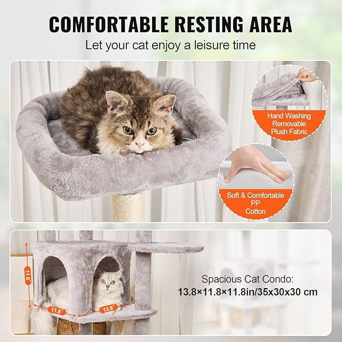 Multi-Level Cat Tree Tower with Sisal Scratching Posts, Plush Condo & Toys - Durable Cat Activity Center for Indoor Cats (Light Grey, 68.5)