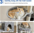 MWPO Extra Large Cat Tree - 70.1-Inch Tall Cat Tower with 3 Cat Condos, Multi-Level Cat Stand for Large Cats Featuring Scratching Posts, Padded Perches, Hammock, Dangling Toys, Light Grey