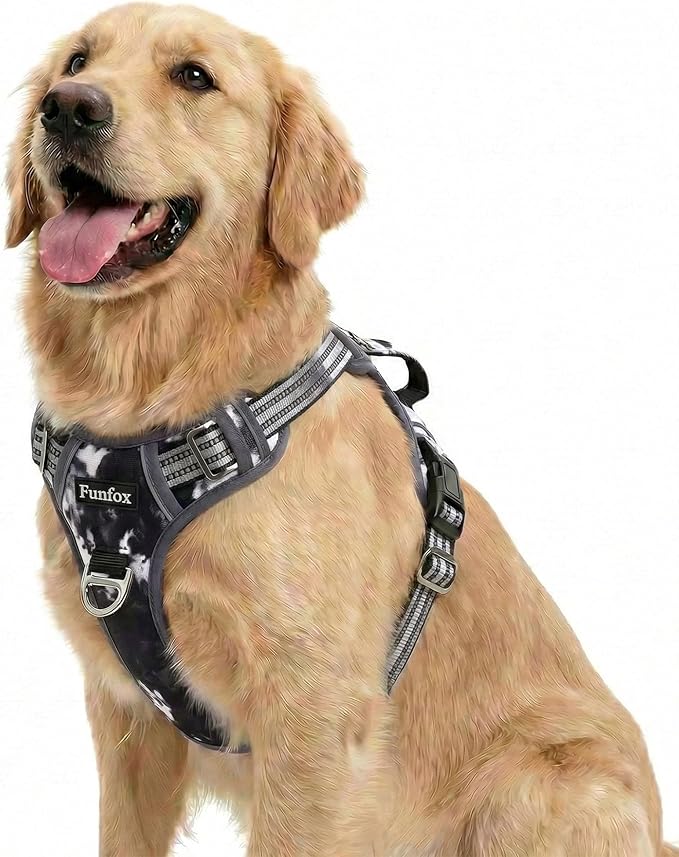 Funfox Dog Harness No Pull, Adjustable Pet Vest Harness, Super Soft Material with Vertical Handle Easy Control, Reflective Night Walking, 2 Leash Clips for Large Dogs, Misty Gray, L