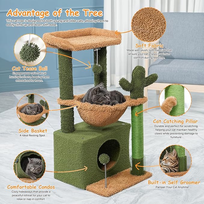 Athena Collection Small Cat Tree Tower with Scratching Post, 33.5 Inch Modern Cute Cat Tree Condo with Cozy Perch Hammock Hanging Ball for Kittens Indoor, Cactus Shade, Green