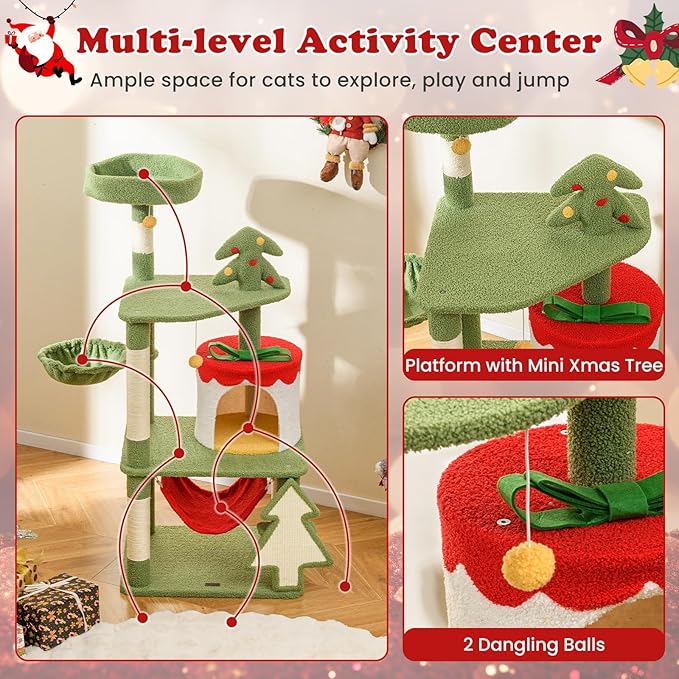 Tangkula Christmas Cat Tree, 52” Tall Cat Tower with Sisal Scratching Posts & Xmas Tree, Plush Perch, Gift Box Shaped Condo, Hanging Toys, Basket Bed, Hammock, Cute Cat Tree Tower Holiday Decoration