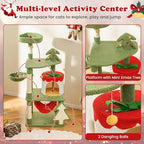 Tangkula Christmas Cat Tree, 52” Tall Cat Tower with Sisal Scratching Posts & Xmas Tree, Plush Perch, Gift Box Shaped Condo, Hanging Toys, Basket Bed, Hammock, Cute Cat Tree Tower Holiday Decoration