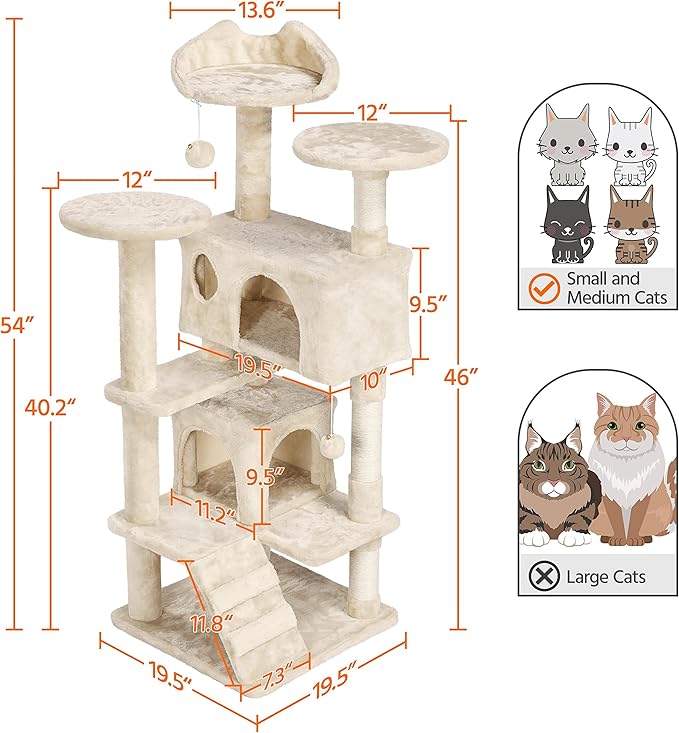Topeakmart 54in Cat Tree, Cat Tower w/Large Cat Condo Scratching Posts and Perch, Cat Stand House Furniture, Beige