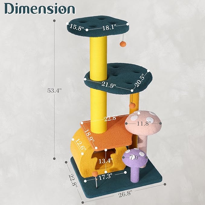NUNU LAB Mushroom Cat Tree, Multi-Level Cat Tower, Mushroom Cat Scratching Post, Cute Cat Tower, with Cat Scratching Post, Cat Bed & Interactive Balls, for Indoor Cats (D-068, 26.8 * 22.8 * 53.4)
