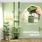PawHut Floor to Ceiling Cat Tree, 89"-100" Adjustable Height Cactus Cat Climbing Tower for Indoor Cats with Grooming Brush Post, Cat Condo, Hammock, Sisal Scratching Posts, Green