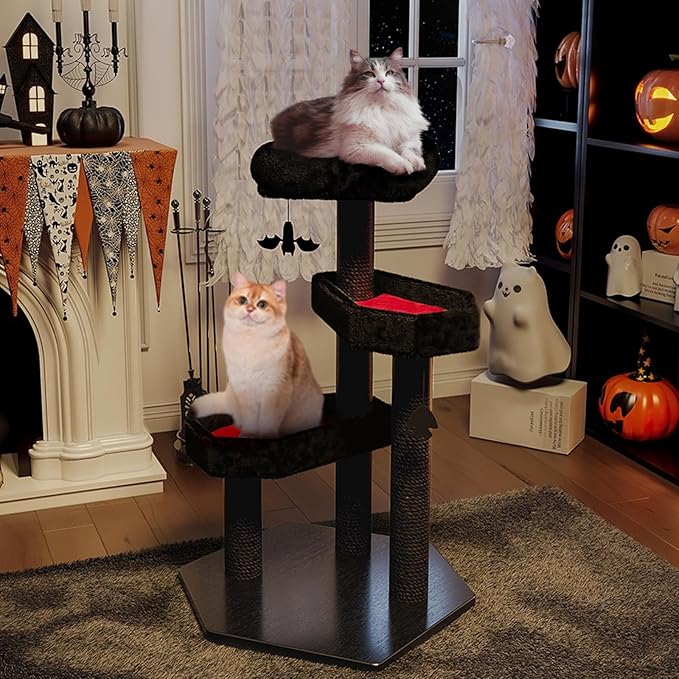 Happy & Polly Gothic Cat Tree with Coffin Bed - 40.9" Black Cat Tower with Soft Mats (Red)
