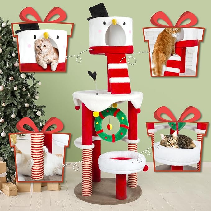 KAMABOKO Christmas Cat Tree Cat Tower with Cat Condos, 64.2" Multi-Level Top Perches, Sisal Ramp Scratching Posts, Cozy Basket, Hammocks, Large Cats Pet Activity Structure