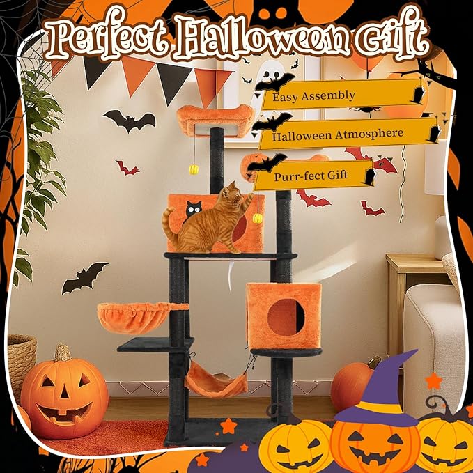 Outvita Halloween Cat Tree,61" Large Cat Tower with 2 Spacious Cat Condos, 2 Padded Perches, 2 Hammocks, Scratching Posts, Hanging Toy, Multi-Level Cat Activities Furniture, Orange & Black