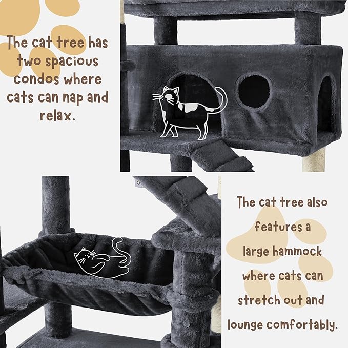 80 Inch Cat Tree, Large Cat Tower with 9 Scratching Posts, 2 Perches, 2 Caves, 2 Basket, 2 Stairs, Extra Large Hammock, Multi-Level Plush Cat Condo for Indoor Cats/Smoky Grey