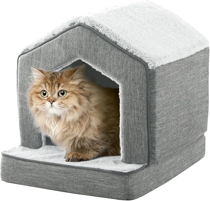 Orthopedic Cat House for Indoor Cats,Small Dogs,Super Soft Cat Bed Cave,Condos, Cubes,Cat Hideaway,Covered,Cat Bed for Kitty Small Medium Large Pet (Gray, 18" L x 15" W x 17" Th)