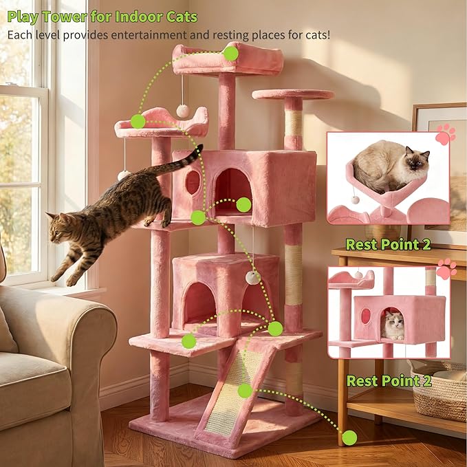 Pawly 52.5" Large Cat Tree with 2 Condos & Sisal Ramp, Premium CARB P2-Compliant Particle Board, 350G Plush Sturdy Cat Tower for Large Breeds, Senior Cats & Multi-Cat Household, Pink