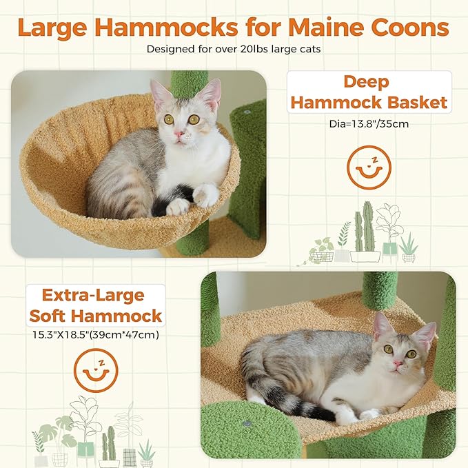 PETEPELA 69" Tall Cat Tree for Indoor Large Cats, Cat Tower for Adult Cats with Big Hammock, Cat Climbing Tree Tower with Scratching Posts, Condo House and Large Top Perch, Green