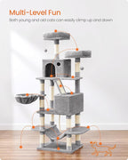 Feandrea Cat Tree, 66.1-Inch Large Cat Tower, Multi-Level Plush Condo with 13 Scratching Posts, 2 Perches, 2 Caves, Basket, Hammock, Pompoms, Light Gray UPCT165W01
