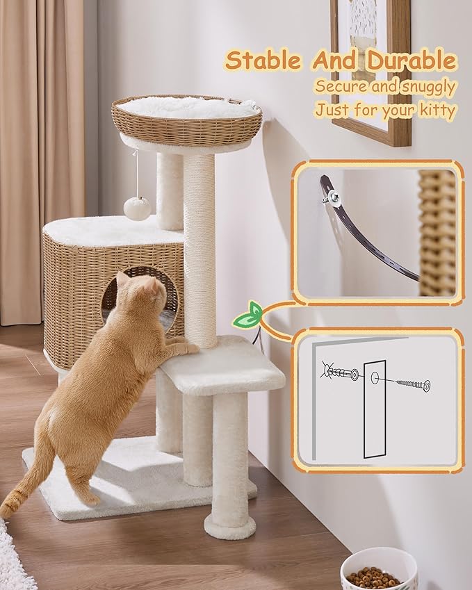Yaheetech 36in PE Rattan Cat Tree with Big Perch, Breathable Woven Condo, Extra Long Sisal Scratching Post, Washable Cushion, Natural Cooling Design for Indoor Large Kittens, Beige