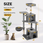 Cat Tree 54-Inch Cat Tower with Padded Plush Perch 2 Comfy Caves, Scratching Posts, Basket, 2 Pompoms, Multi-Level Plush Cat Condo for Indoor Cats Kittens, Gray
