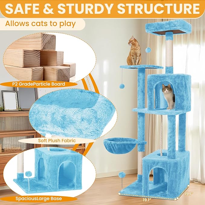 Cat Tree, 54-Inch Cat Tower for Indoor Cats,Plush Multi-Level Cat Condo with Scratching Posts, Basket, Perches,2 Caves,2 Pompoms(Blue)
