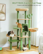 59" Cactus Cat Tree, Large Cat Tree for Indoor Cats, Cat Tower for Large Cats, Multi-Level Tower, Condo with Hammock, Scratching Post, and 2 Perches, Green