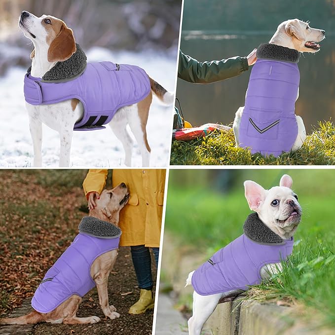 Dog Coat, Waterproof Dog Winter Jacket with Pocket, Reflective Adjustable Pet Snow Vest, Warm Cozy Fleece Sweater for Small Medium Extra Large Dogs - Light Purple, S