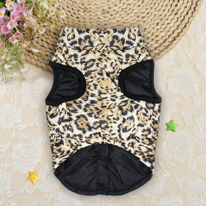 Idepet Pet Dog Cat Coat with Leash Anchor Color Patchwork Padded Puppy Vest Jacket Teddy Chihuahua Costumes Pug Cloth XS S M L(XX-Large,Leopard)