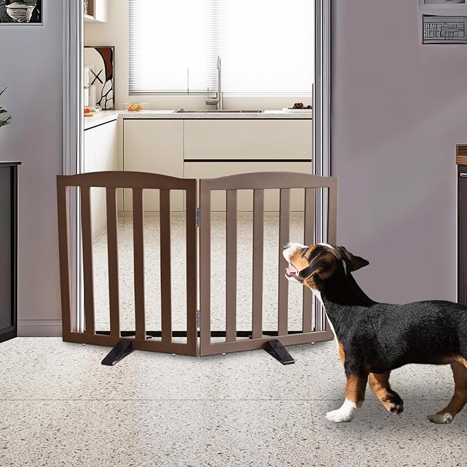 Freestanding Dog Gate Indoor,Doggie Gate Foldable Pet Gates for Doorways,Stairs or Hallways, Wooden Brown Pet Gate for the House, Pet Fence with Support Feet Included,24 "Height-2 Panels