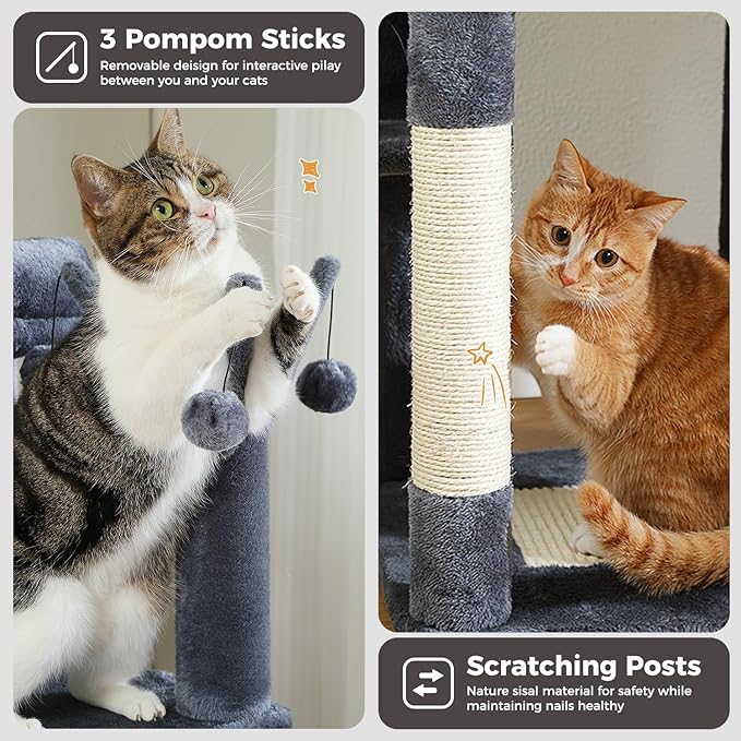 Large Cat Tree for Indoor Cats, 59" Tall Cat Tower with 3 Removable Pompom Sticks, Spacious Condo, Large Hammock and Scratching Posts, Sturdy Play House for Large Cats,Dark Grey
