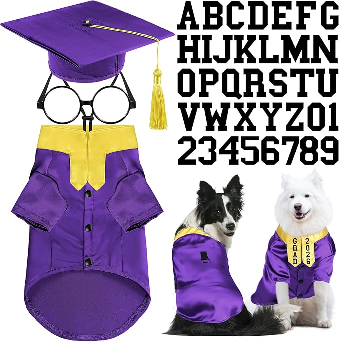 5 Pcs Dog Graduation Costume Set Include 2026 Pet Graduation Gown with Stole Puppy Grad Cap Lensless Glasses DIY Letter Stickers for Dogs Cats Holiday Costume Accessory(Purple Yellow,XL)