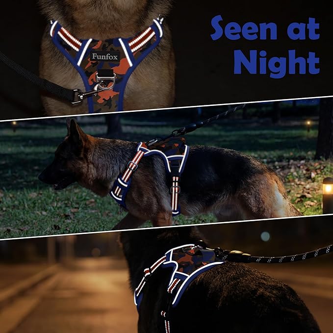 Funfox Dog Harness No Pull, Adjustable Pet Vest Harness, Super Soft Material with Vertical Handle Easy Control, Reflective Night Walking, 2 Leash Clips for Large Dogs, Camo Orange, L
