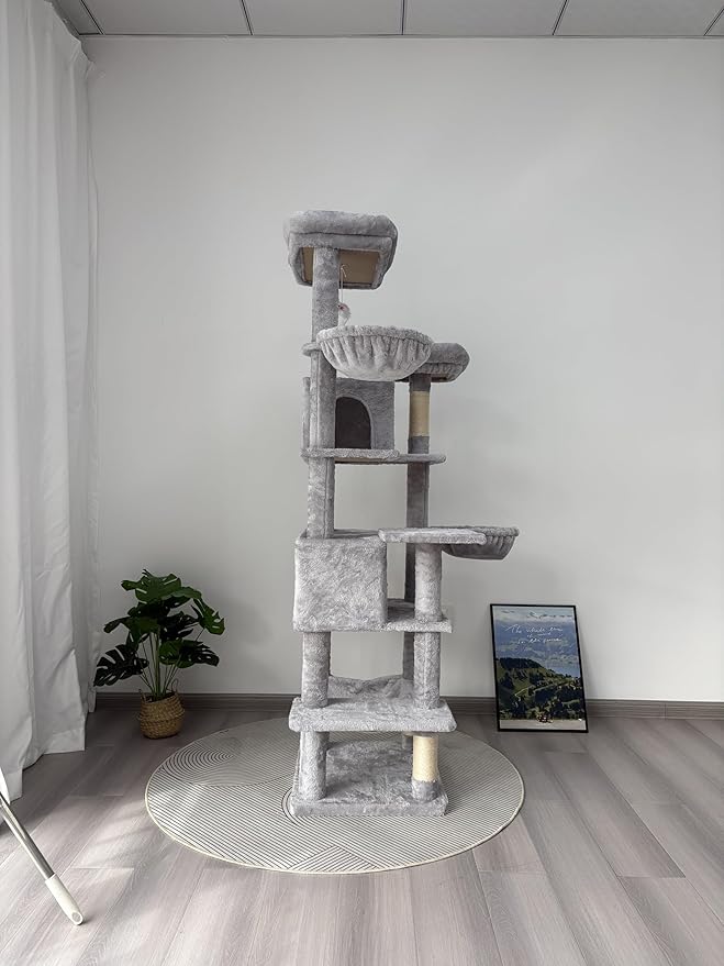 68-Inch Cat Tree Tower for Indoor, Multi-Level Furniture with 2 Hammocks, Cave & Scratching Posts, Plush Condo for Large Cats & Multi-Cat Households (Light Gray-A)