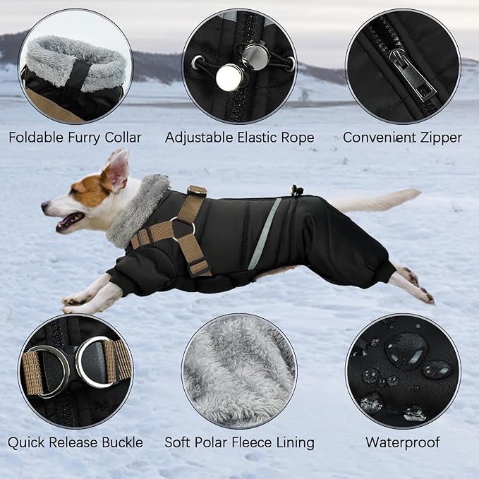 BRKURLEG Black Dog Coat with Harness, Dog Winter Jacket, Dogs Onesie Body Warm Jackets, Small Medium Dogs Winter Coats Reflective Windproof Warm Cold Weather Coats, Pet Waterproof Jacket Hiking XXL