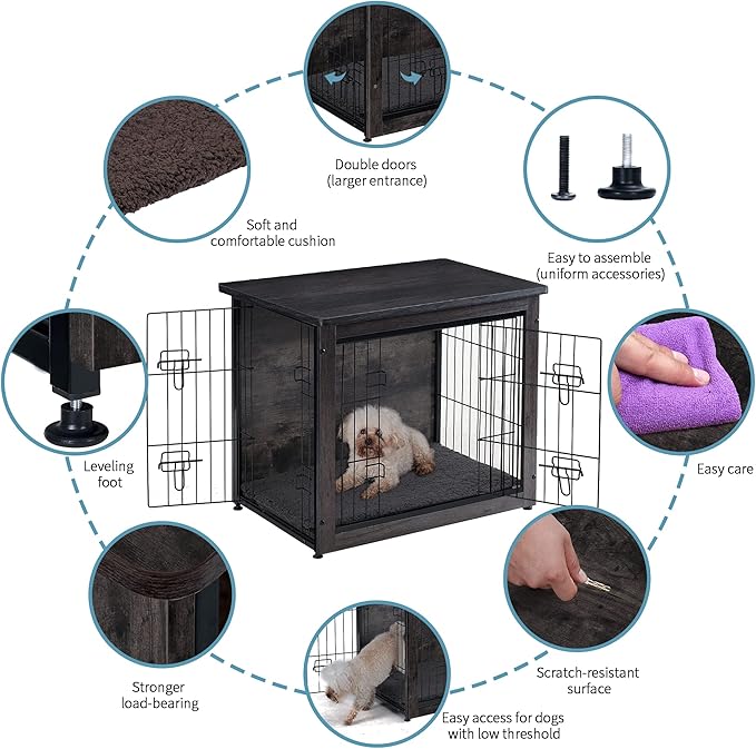 DWANTON Dog Crate Furniture with Cushion, Wooden Kennel Table with Double Doors, Indoor Dog House, Small/Medium/Large/Extra Large Size, 27.2" L, Dark Gray