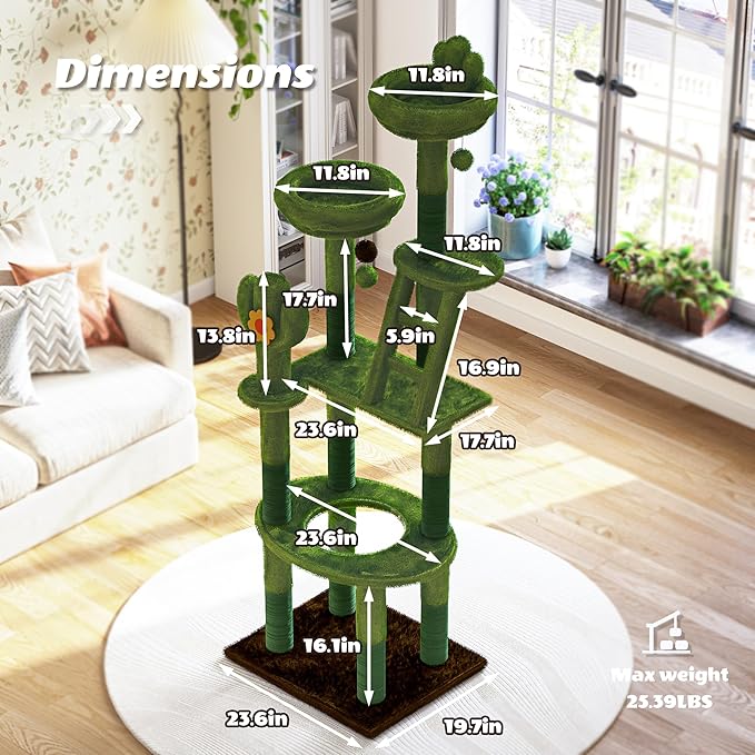 Cat Tree, 72in Indoor Cactus Cat Tree with Transparent Capsule, Sisal Scratching Posts, Plush Perches and Interactive Toys for Kittens and Large Cats, Green